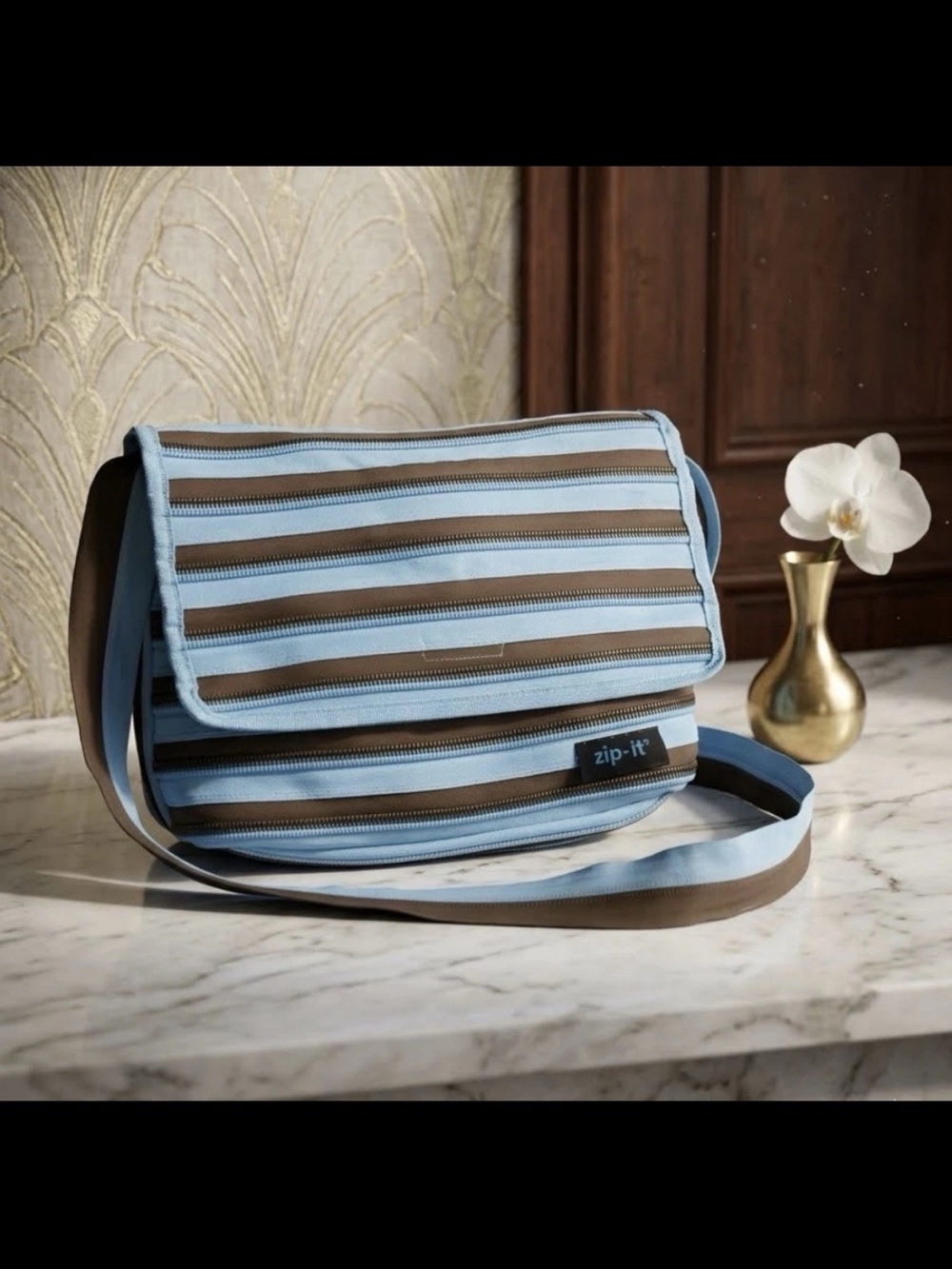 Zip-It Large Shoulder Bag Tote Purse Blue & Brown Striped Crossbody Bag